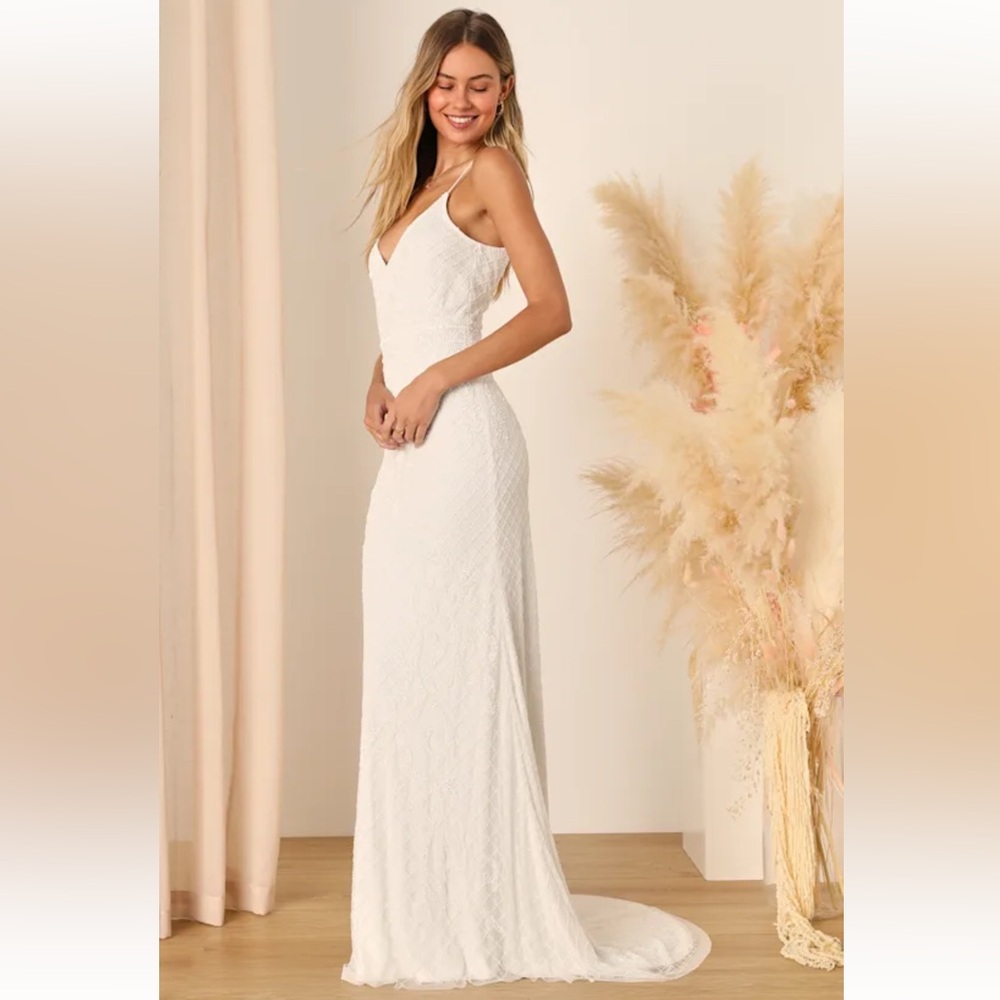 Lulus Cherished Vow White Beaded Backless Mermaid Maxi Dress - Size L - Picture 3 of 4